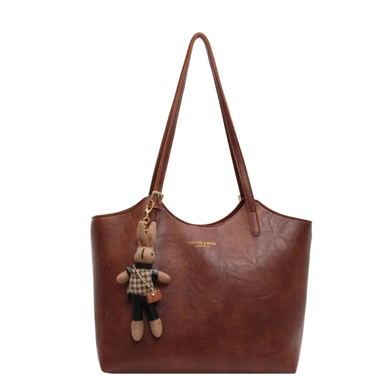Brown Vintage Vegan Leather Tote Bag with Bear Charm for Women