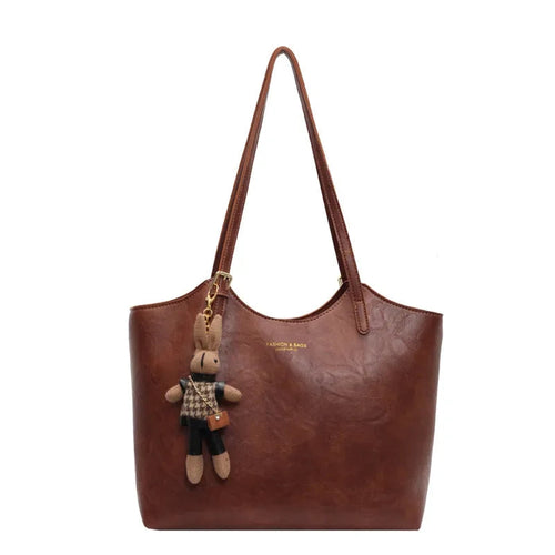 Brown Vintage Vegan Leather Tote Bag with Bear Charm for Women