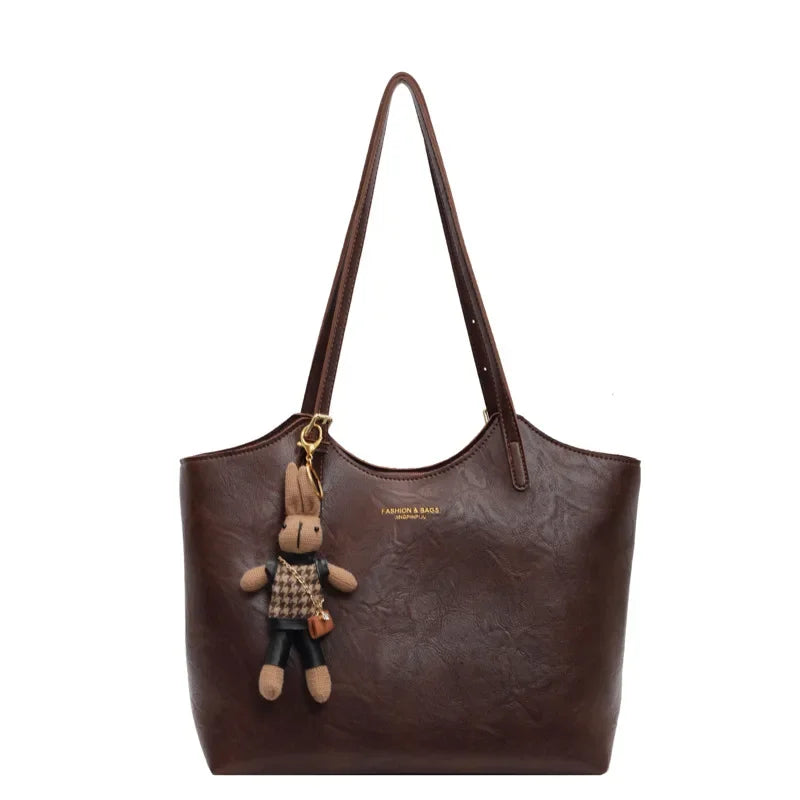 Brown Vintage Vegan Leather Tote Bag with Bear Charm for Women
