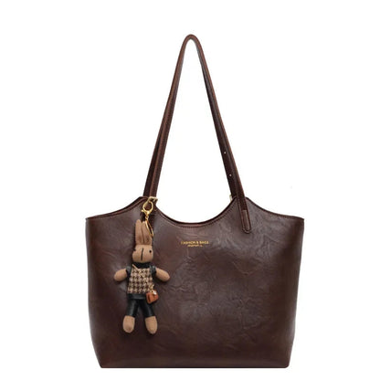 Brown Vintage Vegan Leather Tote Bag with Bear Charm for Women
