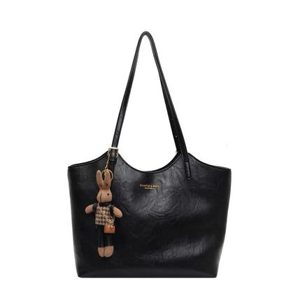 Brown Vintage Vegan Leather Tote Bag with Bear Charm for Women
