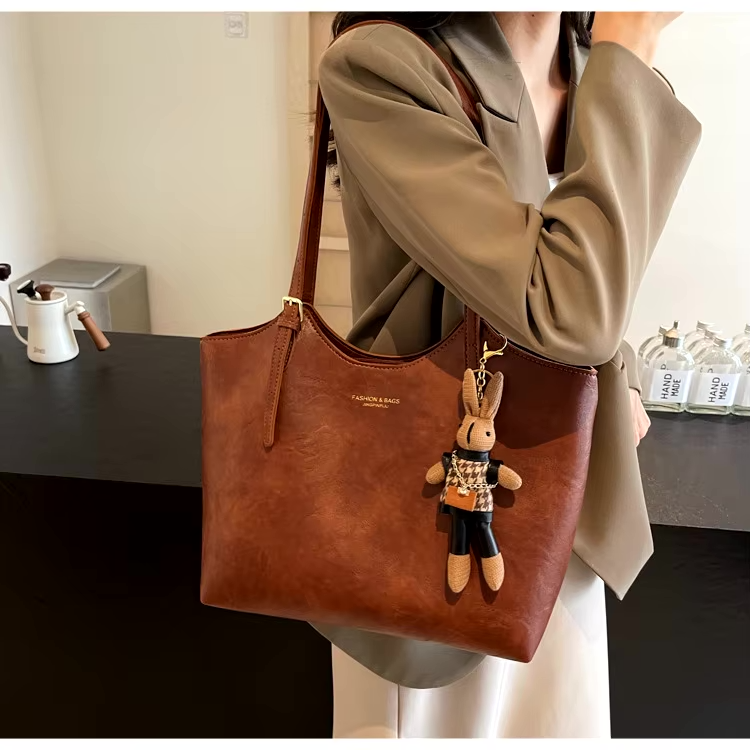 Brown Vintage Vegan Leather Tote Bag with Bear Charm for Women
