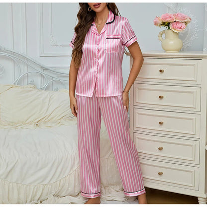 Damen Pink 2-teiliger Pyjama-Set mit gestreiftem Hemd und Hose