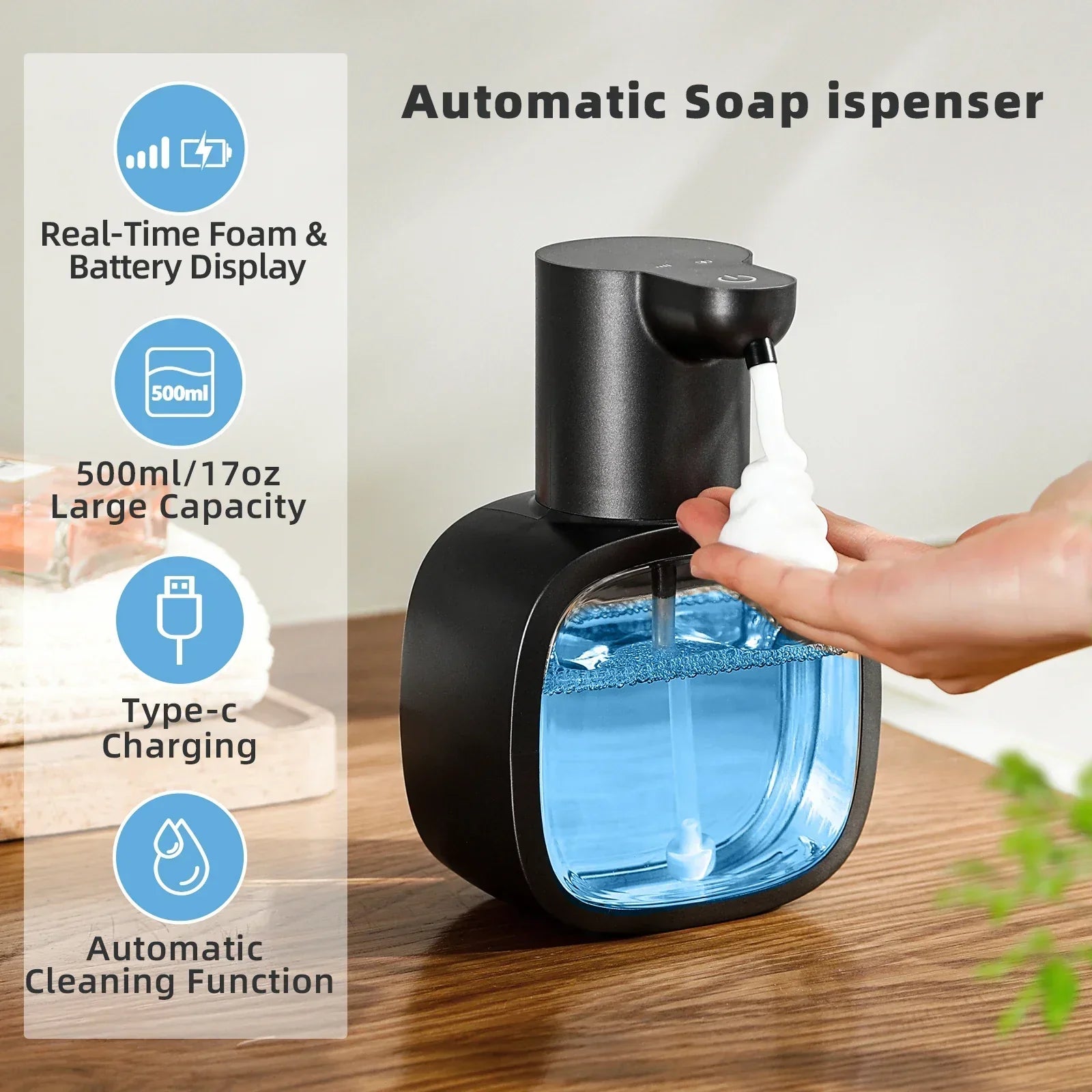 Automatischer Seifenspender Foamello | Wandmontage | 500 ml | Wiederaufladbar & Berührungslos | Sensorbetriebene Schaumsfunktion