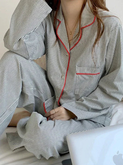 Damen 2-teiliges Pyjama-Set mit gestreiftem Hemd und Hose