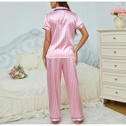 Damen Pink 2-teiliger Pyjama-Set mit gestreiftem Hemd und Hose