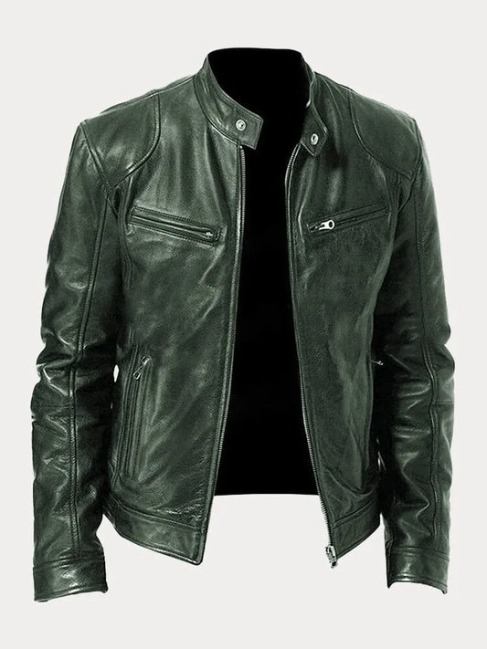 Lederjacke - Veste de motard en cuir zippée pour hommes coupe slim