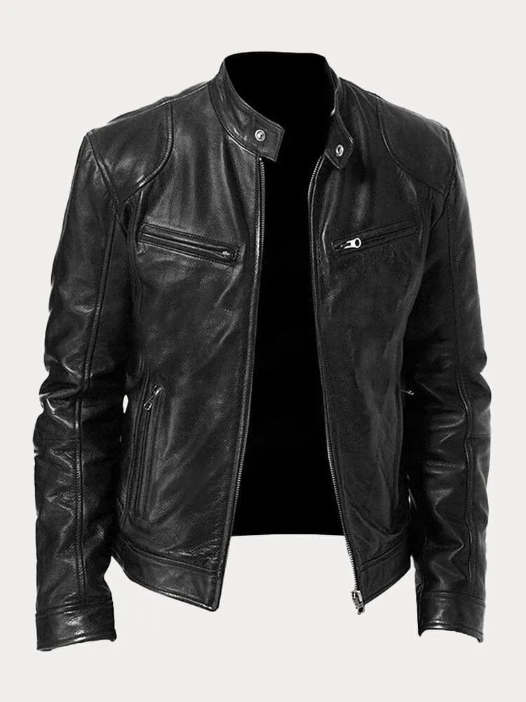 Lederjacke - Veste de motard en cuir zippée pour hommes coupe slim