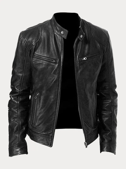 Lederjacke - Veste de motard en cuir zippée pour hommes coupe slim