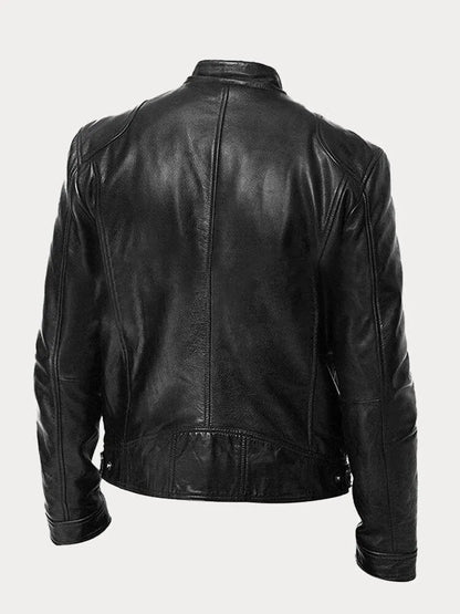 Lederjacke - Veste de motard en cuir zippée pour hommes coupe slim