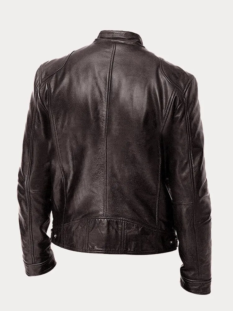 Lederjacke - Veste de motard en cuir zippée pour hommes coupe slim