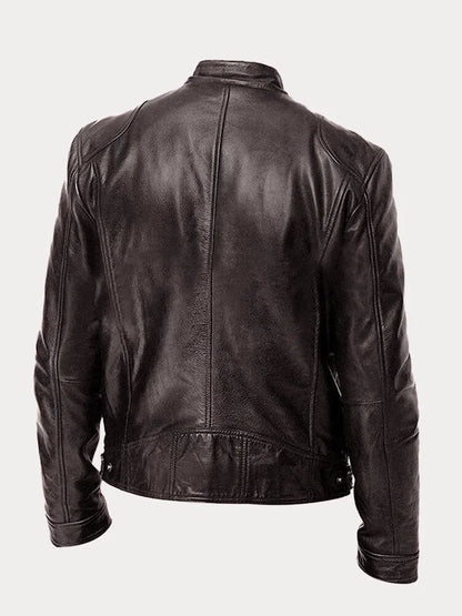 Lederjacke - Veste de motard en cuir zippée pour hommes coupe slim
