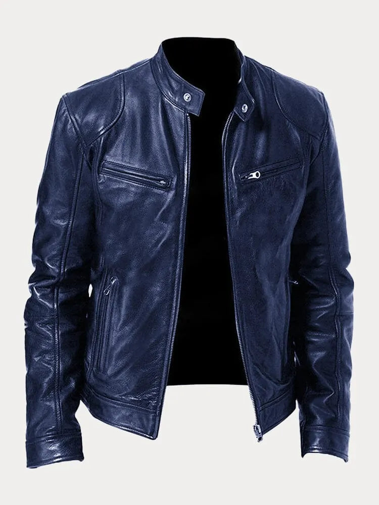 Lederjacke - Veste de motard en cuir zippée pour hommes coupe slim