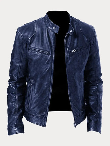 Lederjacke - Veste de motard en cuir zippée pour hommes coupe slim