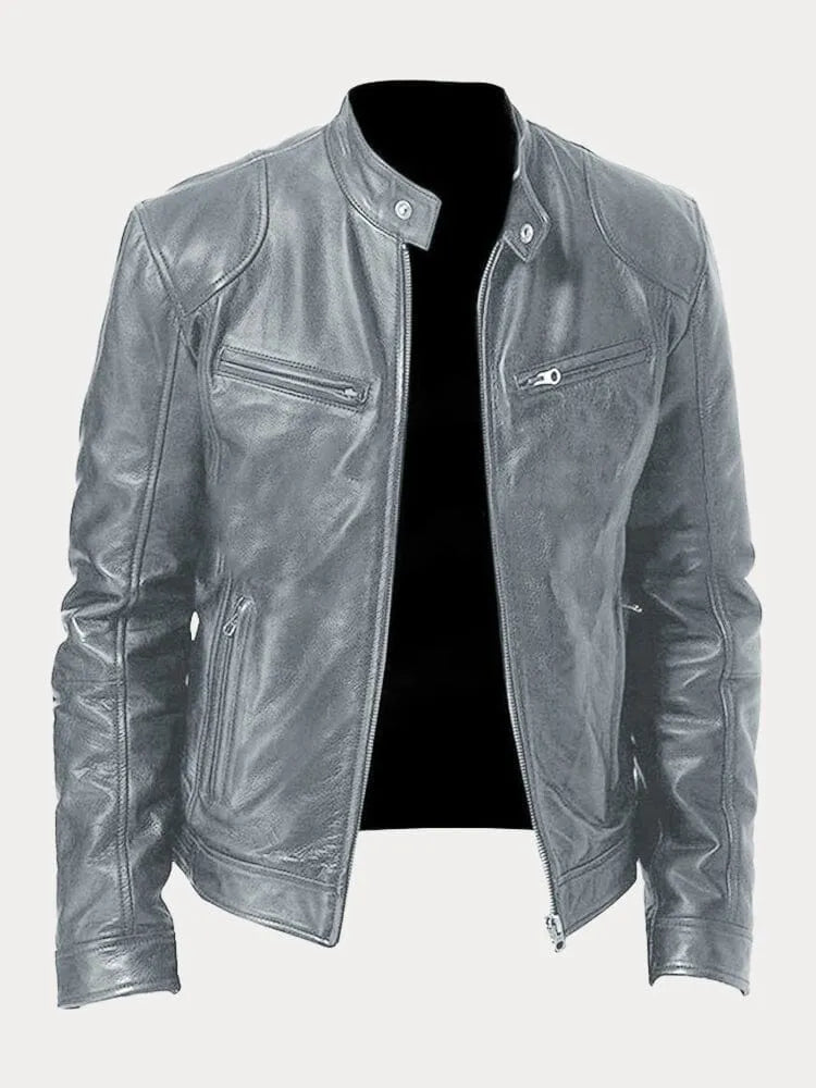 Lederjacke - Veste de motard en cuir zippée pour hommes coupe slim