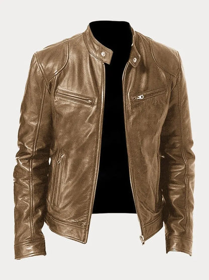 Lederjacke - Veste de motard en cuir zippée pour hommes coupe slim