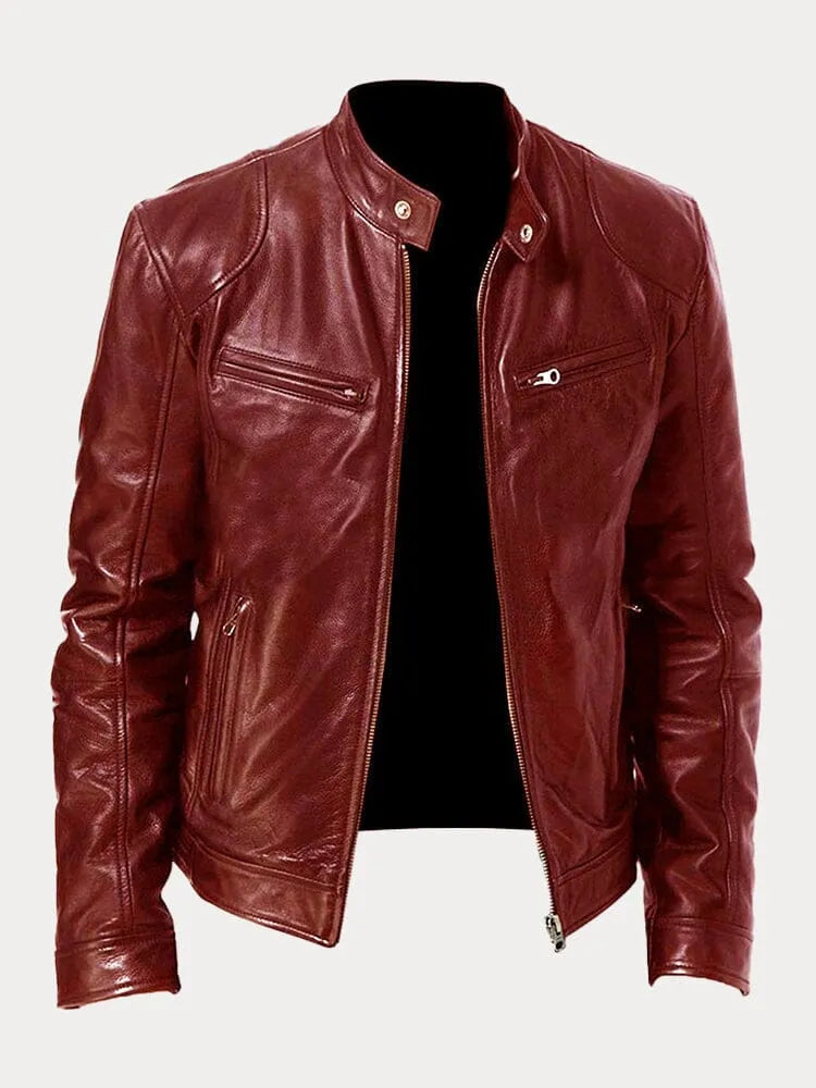 Lederjacke - Veste de motard en cuir zippée pour hommes coupe slim