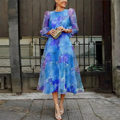 Dames Midi-Kleid mit long Ärmeln et floralm Muster mit transparenten Puffärmeln