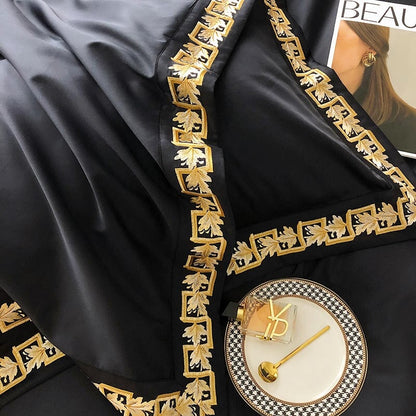 Taies d'oreiller baroques noires et blanches de luxe avec broderie dorée - 100 % coton