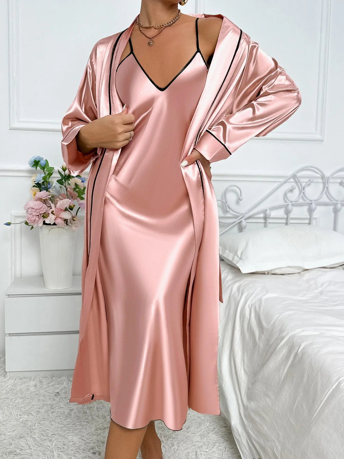 Damen 2-teiliger Pyjama-Set mit langärmeliger Robe und Nachthemd