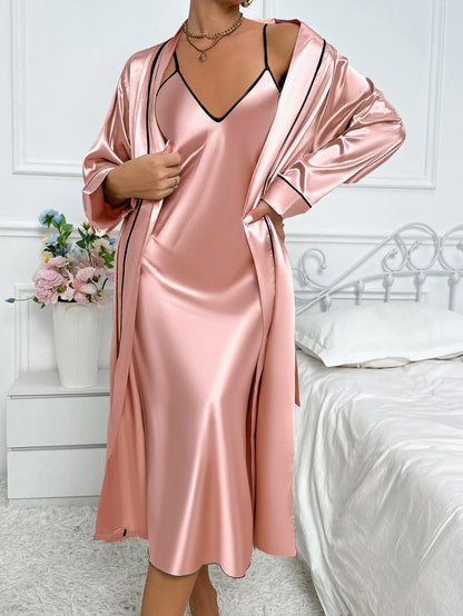 Damen 2-teiliger Pyjama-Set mit langärmeliger Robe und Nachthemd