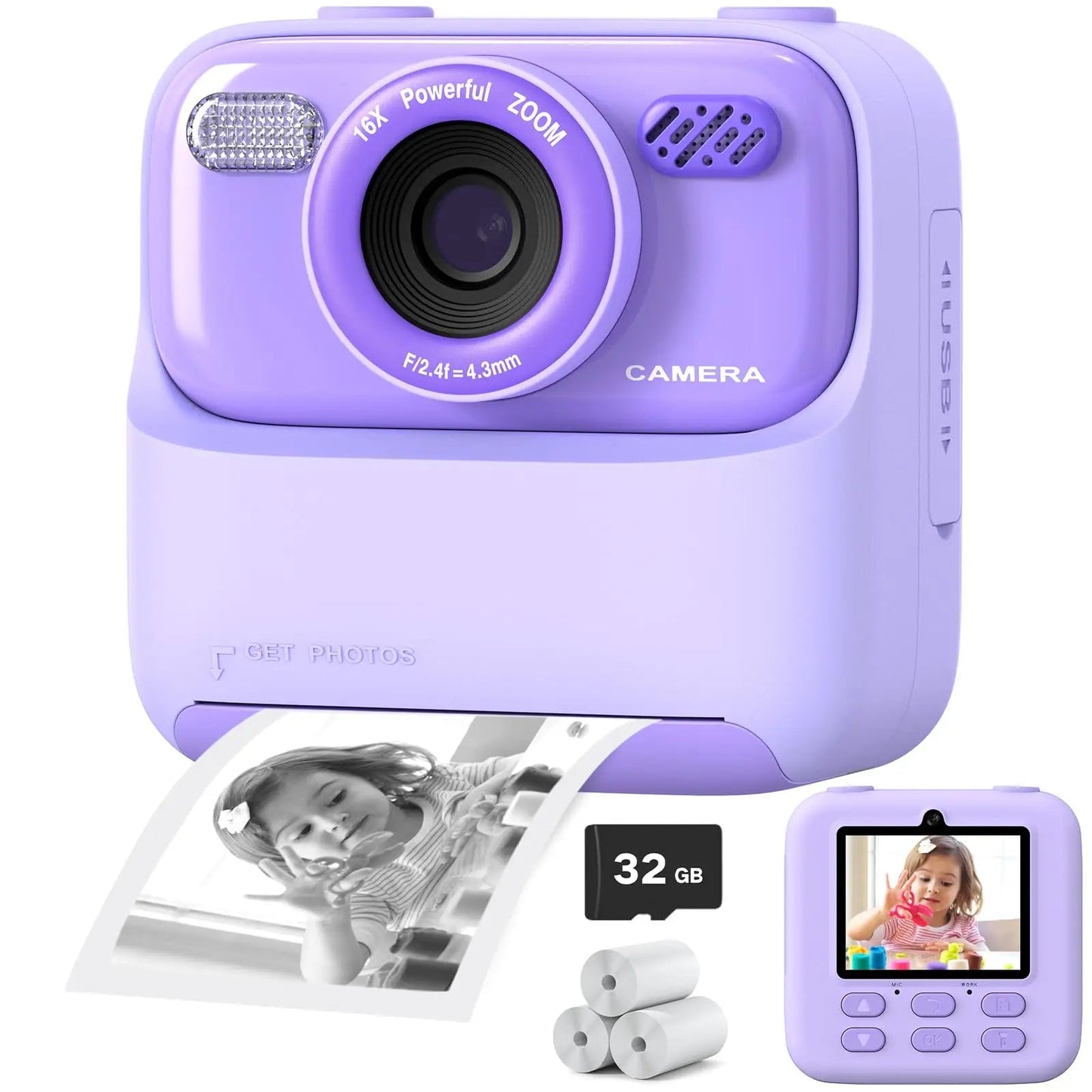 Appareil photo instantané pour enfants avec impression photo HD et carte mémoire de 32 Go