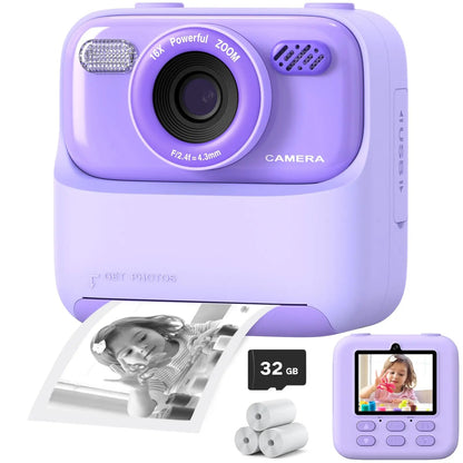 Appareil photo instantané pour enfants avec impression photo HD et carte mémoire de 32 Go