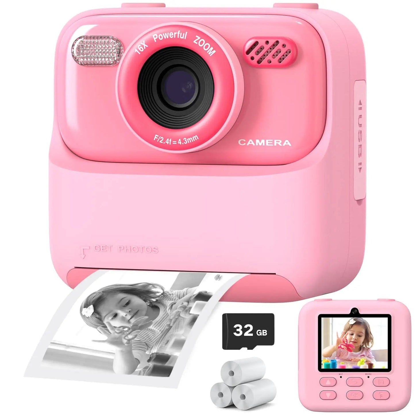 Appareil photo instantané pour enfants avec impression photo HD et carte mémoire de 32 Go