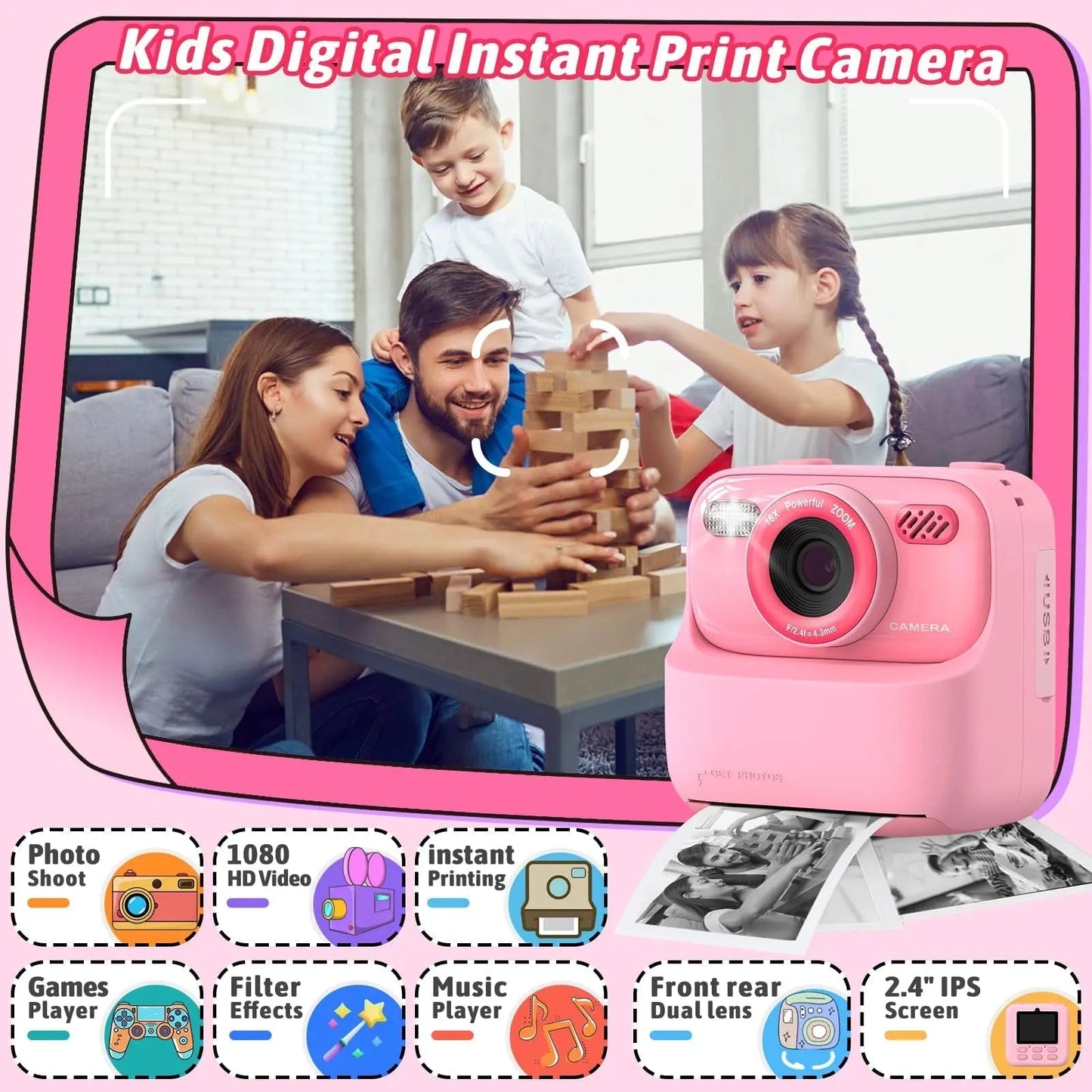 Appareil photo instantané pour enfants avec impression photo HD et carte mémoire de 32 Go