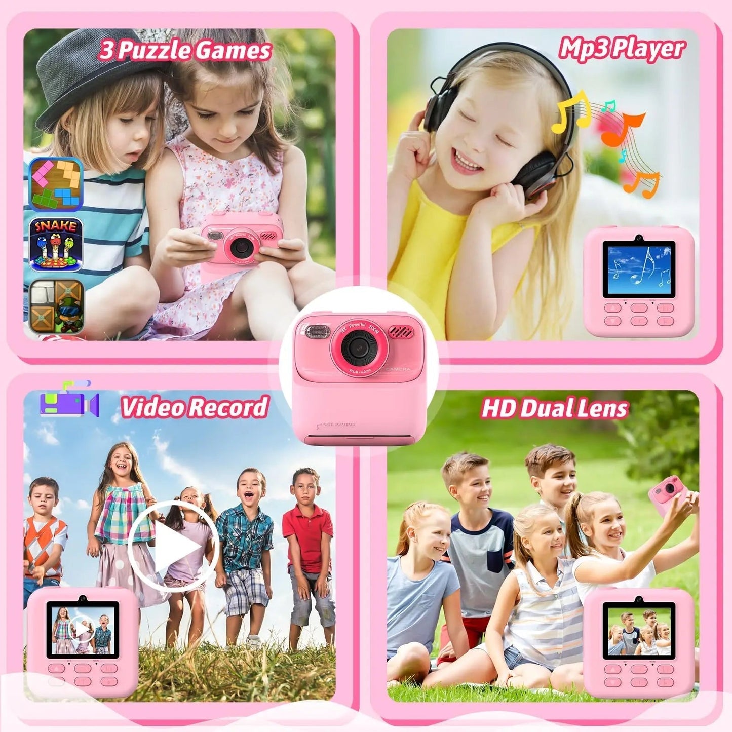 Appareil photo instantané pour enfants avec impression photo HD et carte mémoire de 32 Go