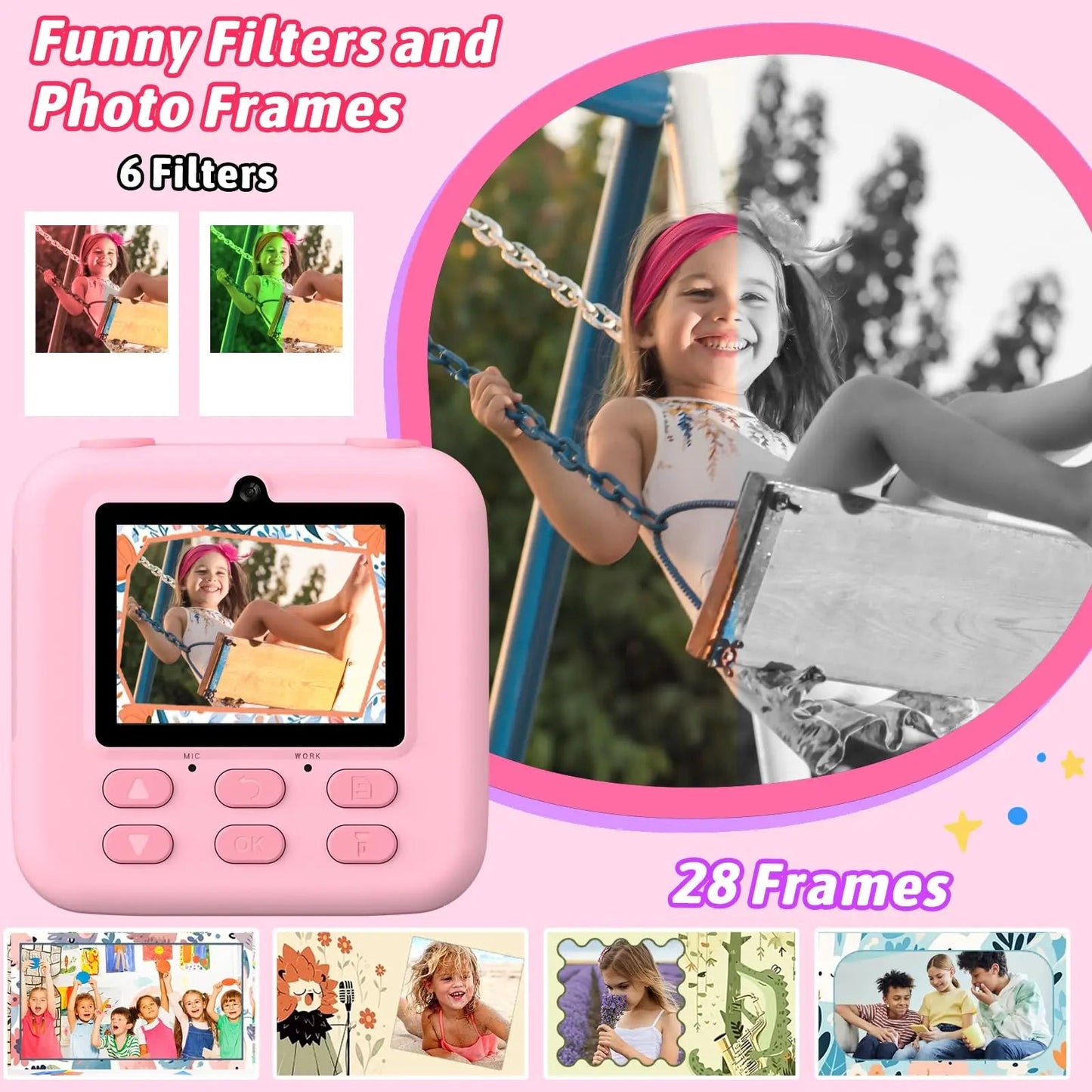 Appareil photo instantané pour enfants avec impression photo HD et carte mémoire de 32 Go