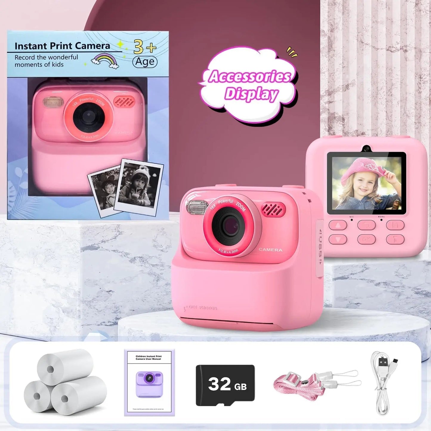 Appareil photo instantané pour enfants avec impression photo HD et carte mémoire de 32 Go
