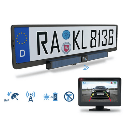 Caméra de recul solaire sans fil HD avec moniteur et cadre de plaque d'immatriculation