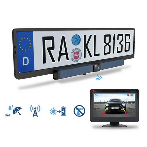 Caméra de recul solaire sans fil HD avec moniteur et cadre de plaque d'immatriculation