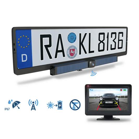 Caméra de recul solaire sans fil HD avec moniteur et cadre de plaque d'immatriculation