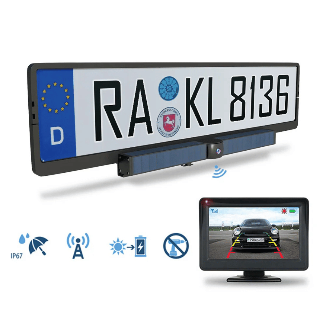 Caméra de recul solaire sans fil HD avec moniteur et cadre de plaque d'immatriculation