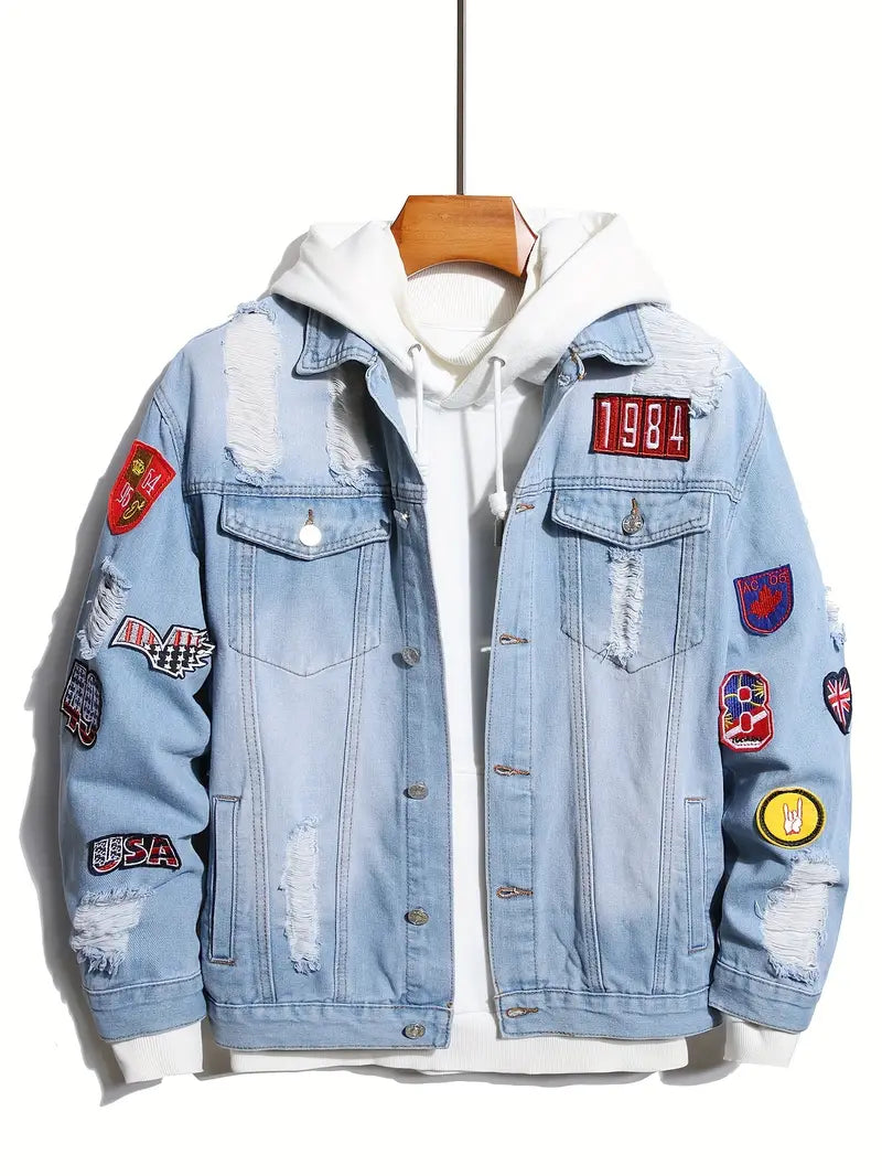 Denimjacke - Lässig - Hellblau - Jeansjacke mit Patches - Herrenjacke