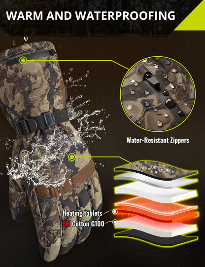 Gants chauffants imperméables rechargeables à motif camouflage pour les activités hivernales en extérieur