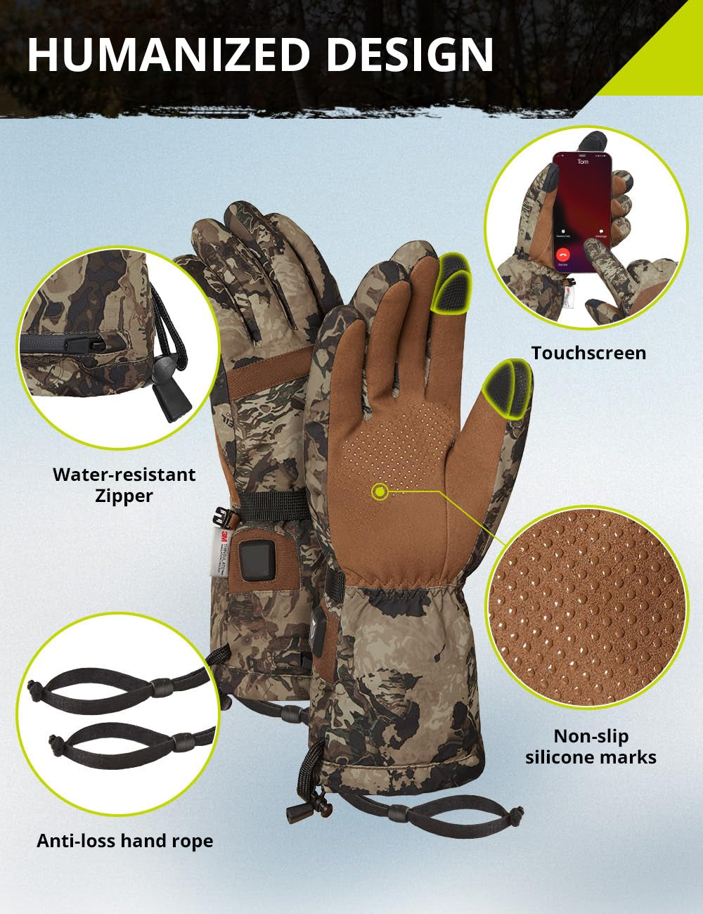Gants chauffants imperméables rechargeables à motif camouflage pour les activités hivernales en extérieur