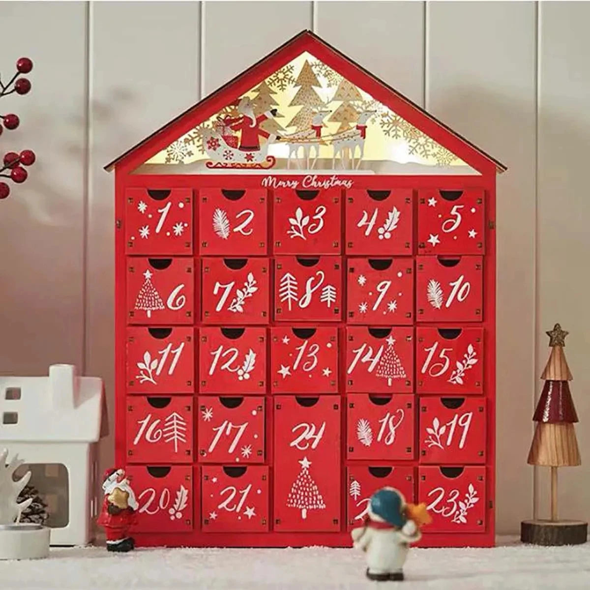 Calendrier de l'Avent en bois avec LED | Modèle Maison Rouge pour le compte à rebours de Noël