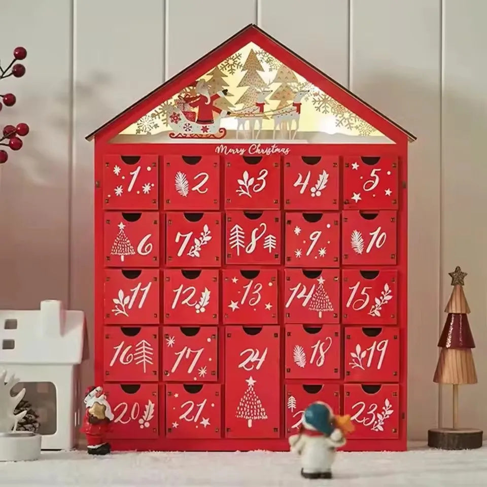 Calendrier de l'Avent en bois avec LED | Modèle Maison Rouge pour le compte à rebours de Noël
