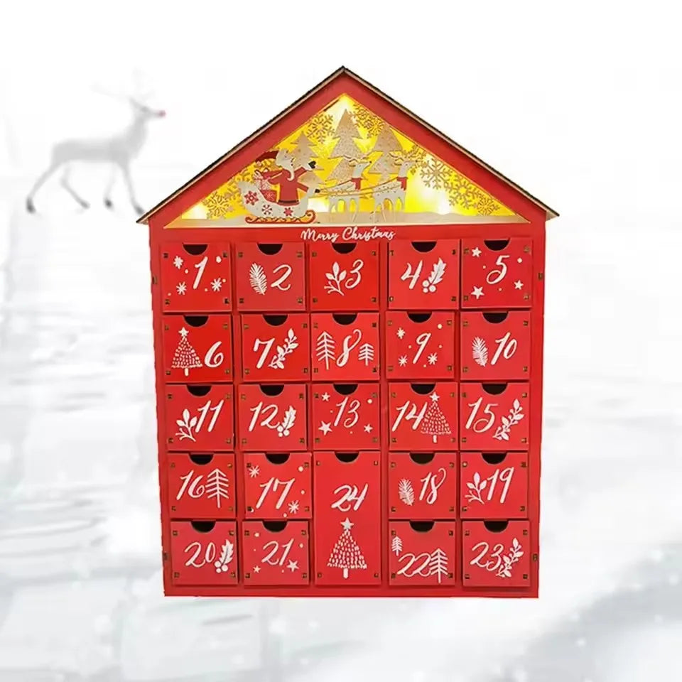 Calendrier de l'Avent en bois avec LED | Modèle Maison Rouge pour le compte à rebours de Noël