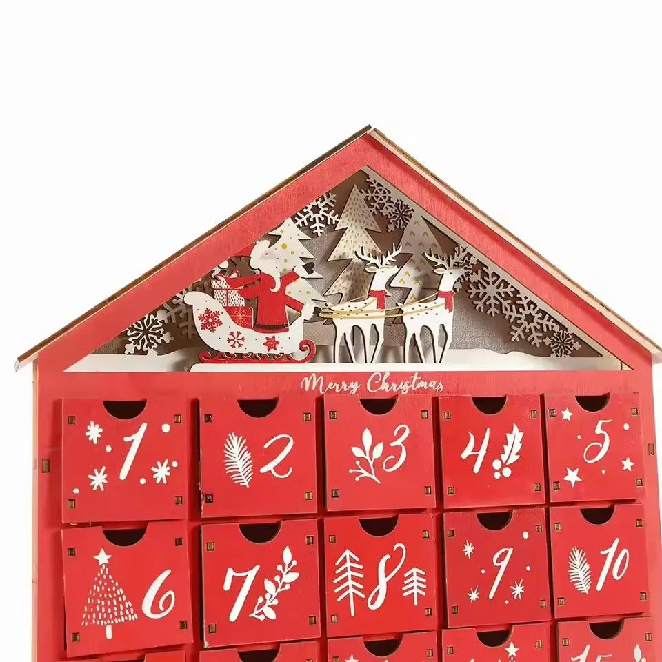Calendrier de l'Avent en bois avec LED | Modèle Maison Rouge pour le compte à rebours de Noël
