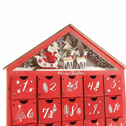 Calendrier de l'Avent en bois avec LED | Modèle Maison Rouge pour le compte à rebours de Noël
