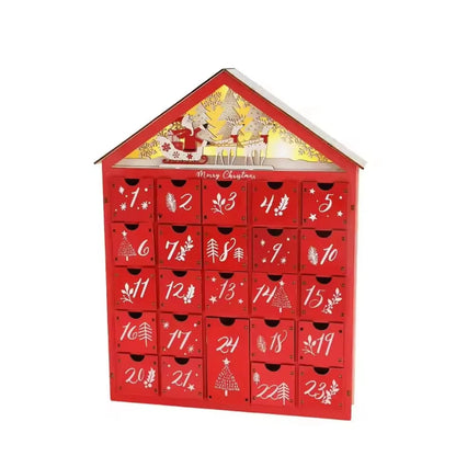 Calendrier de l'Avent en bois avec LED | Modèle Maison Rouge pour le compte à rebours de Noël