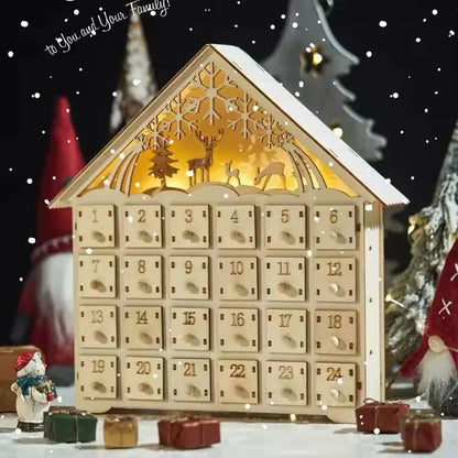 Calendrier de l'Avent en bois avec LED | Modèle Maison Rouge pour le compte à rebours de Noël