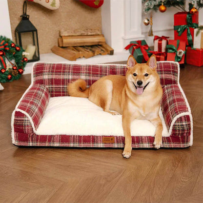 Washable Vintage Plaid Plush Bolster Dog Sofa Bed for Pets