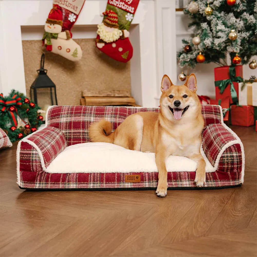 Washable Vintage Plaid Plush Bolster Dog Sofa Bed for Pets