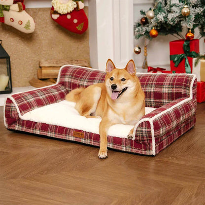 Washable Vintage Plaid Plush Bolster Dog Sofa Bed for Pets