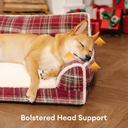 Washable Vintage Plaid Plush Bolster Dog Sofa Bed for Pets